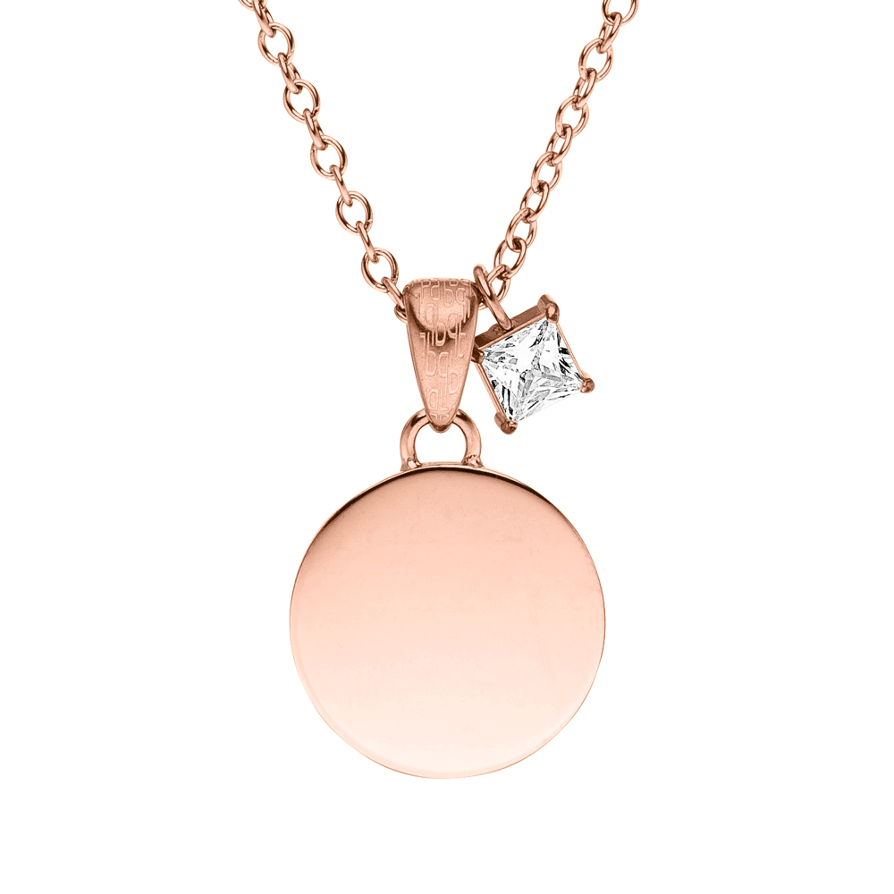 PURELEI Poetic Kette in Roségold mit gravierbarem Coin-Anhänger und funkelndem Zirkonia-Schmuckstein.