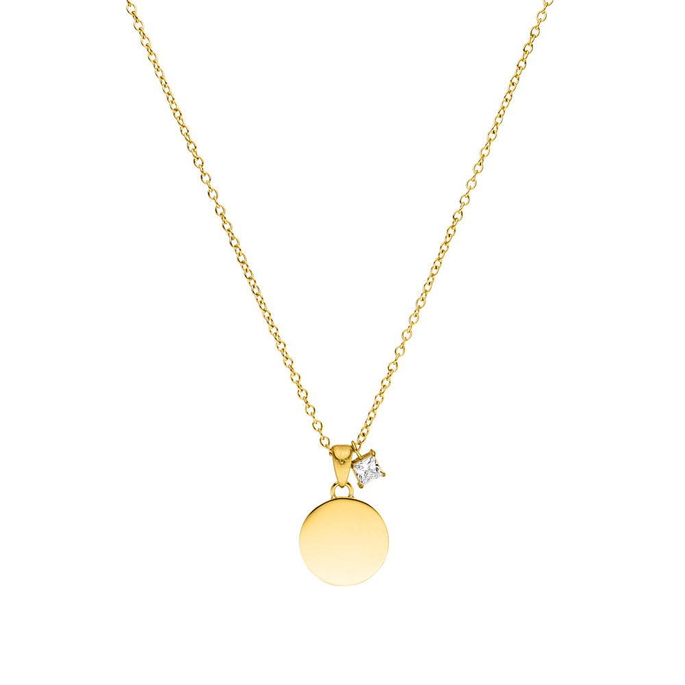 Poetic Kette von PURELEI, feine 18K Goldkette mit gravierbarem Coin und funkelndem Zirkonia, elegant und zeitlos.