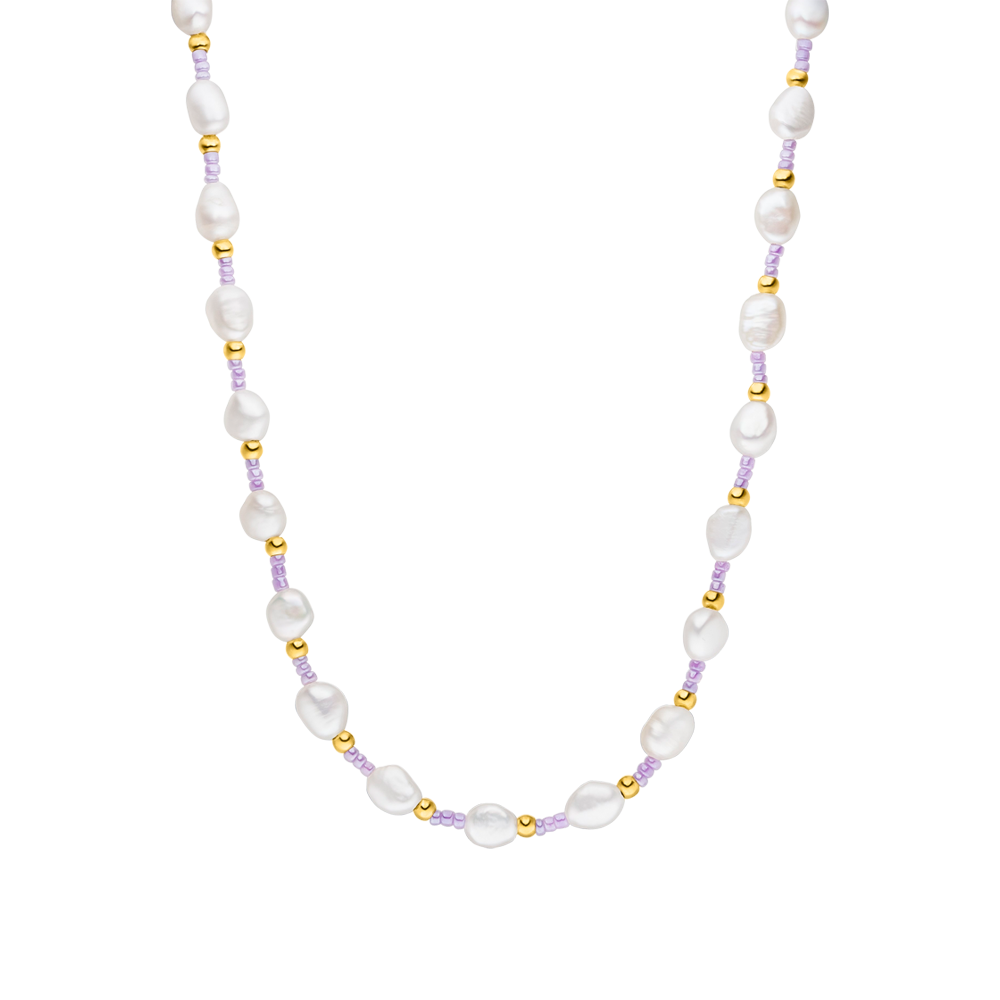 Nakala Kette von PURELEI mit pastellvioletten Perlen und vergoldetem Edelstahl, elegant und feminin.