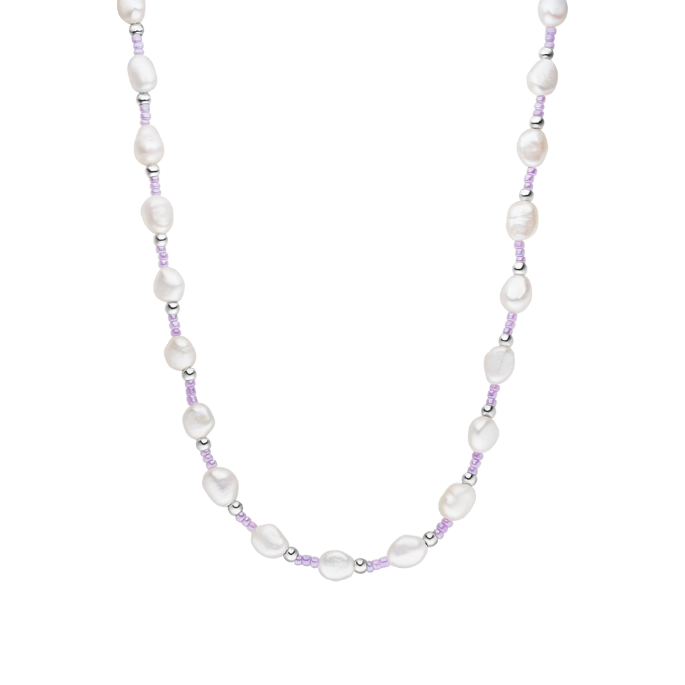 PURELEI Nakala Kette mit pastellvioletten Glasperlen und natürlichen Süßwasserperlen, elegant und feminin.