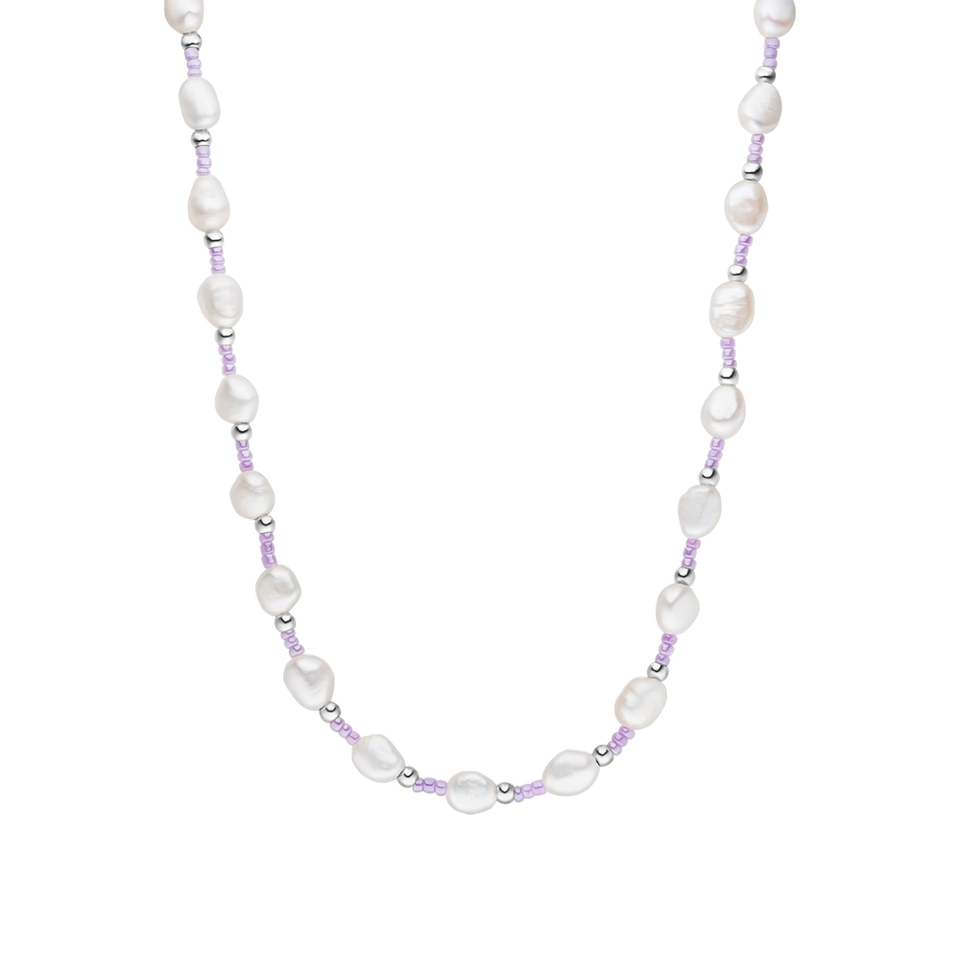 PURELEI Nakala Kette mit pastellvioletten Glasperlen und natürlichen Süßwasserperlen, elegant und feminin.