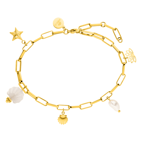 Goldenes Armband mit Muschel- und Stern-Anhängern von PURELEI, tropische Eleganz.