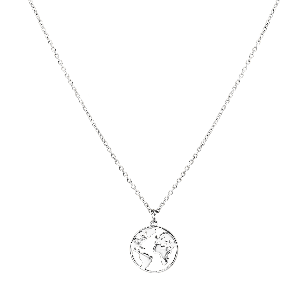 PURELEI World Map Kette in nickelfreiem Silber mit filigranem Globus-Anhänger, elegant und zeitlos.