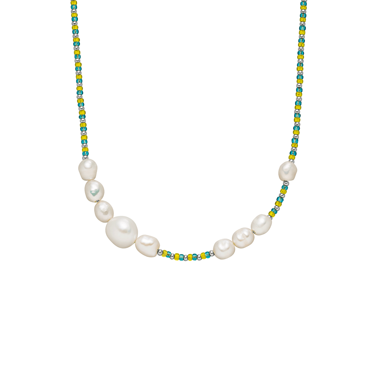Blissful Kette von PURELEI mit Süßwasser- und Glasperlen in Blau-Gelb, elegante sommerliche Halskette aus Silber.