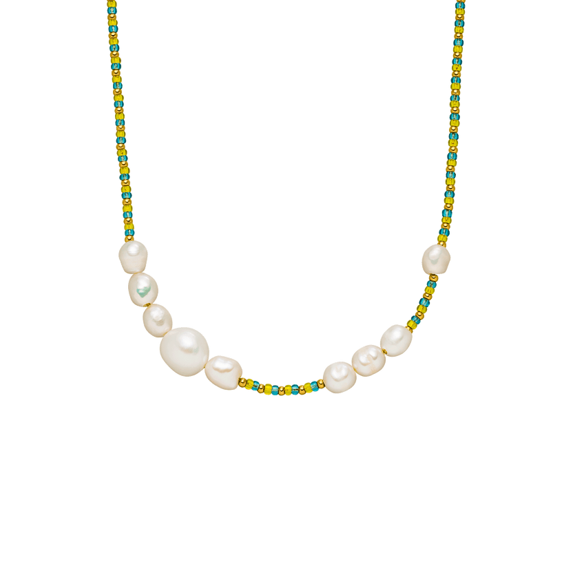 PURELEI Blissful Kette mit Süßwasserperlen und blauen, gelben Glasperlen in 18K Gold vergoldetem Edelstahl, elegant.