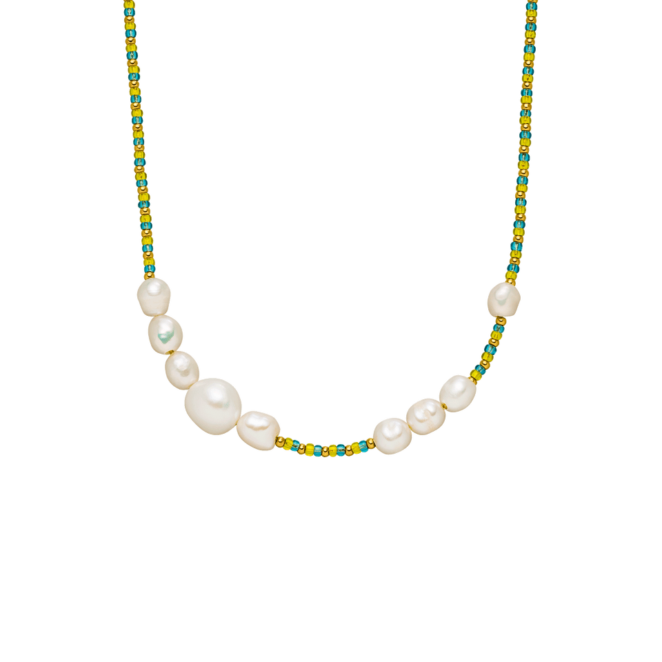 PURELEI Blissful Kette mit Süßwasserperlen und blauen, gelben Glasperlen in 18K Gold vergoldetem Edelstahl, elegant.