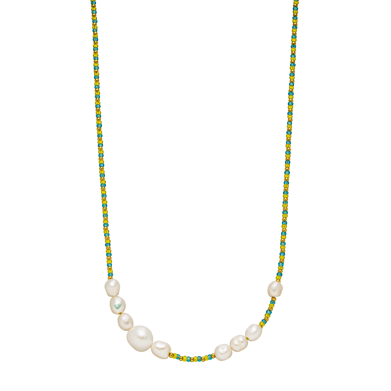 PURELEI Blissful Kette aus goldfarbenem Edelstahl mit blau-gelben Glas- und Süßwasserperlen, elegant und feminin