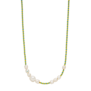 PURELEI Blissful Kette aus goldfarbenem Edelstahl mit blau-gelben Glas- und Süßwasserperlen, elegant und feminin