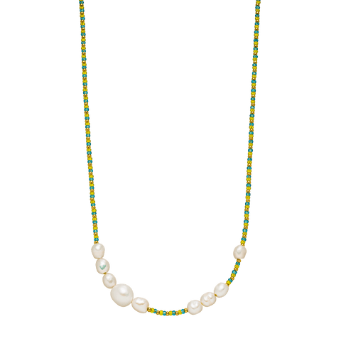 PURELEI Blissful Kette aus goldfarbenem Edelstahl mit blau-gelben Glas- und Süßwasserperlen, elegant und feminin