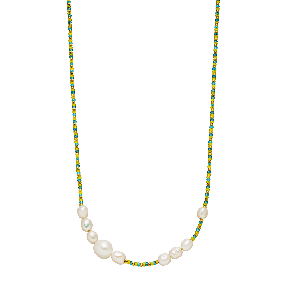 PURELEI Blissful Kette aus goldfarbenem Edelstahl mit blau-gelben Glas- und Süßwasserperlen, elegant und feminin