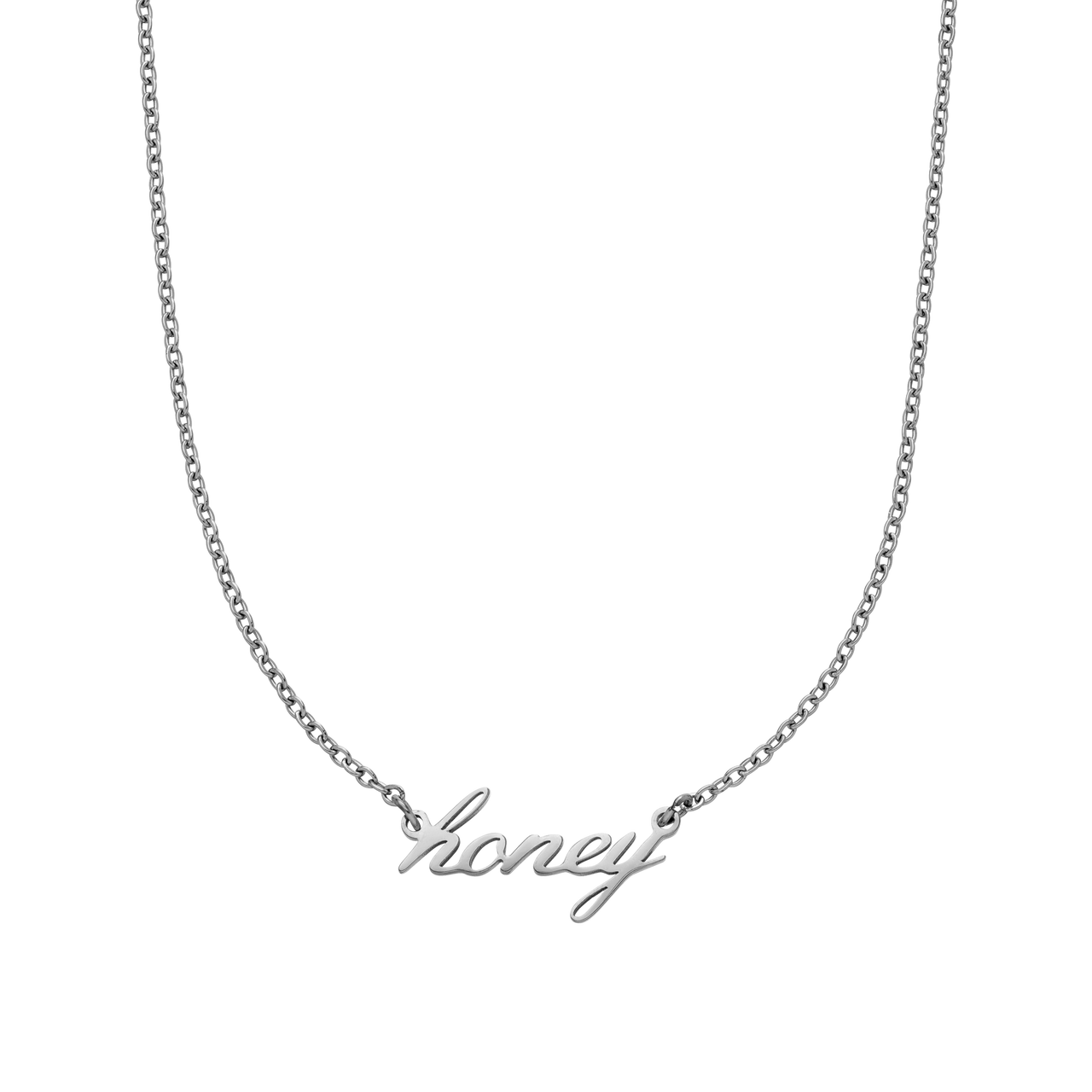 Silberne PURELEI Honey Kette aus Edelstahl mit geschwungenem Schriftzug, elegant und zeitlos gestaltet.