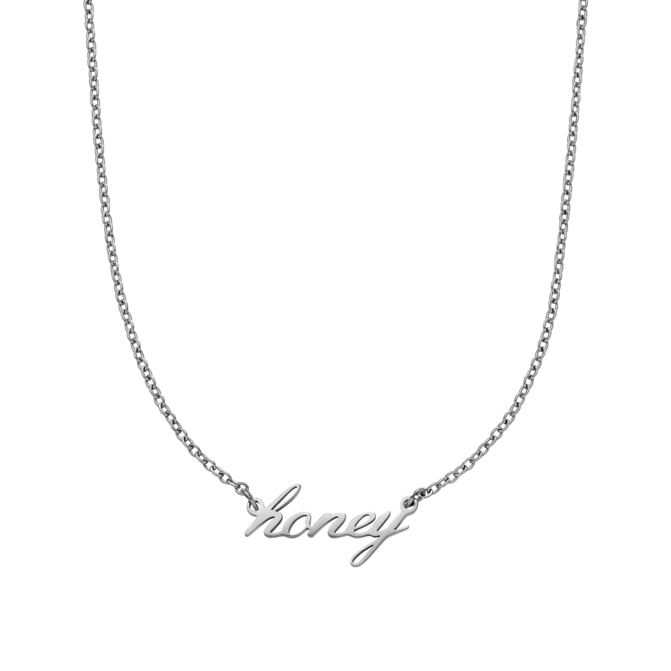 Silberne PURELEI Honey Kette aus Edelstahl mit geschwungenem Schriftzug, elegant und zeitlos gestaltet.