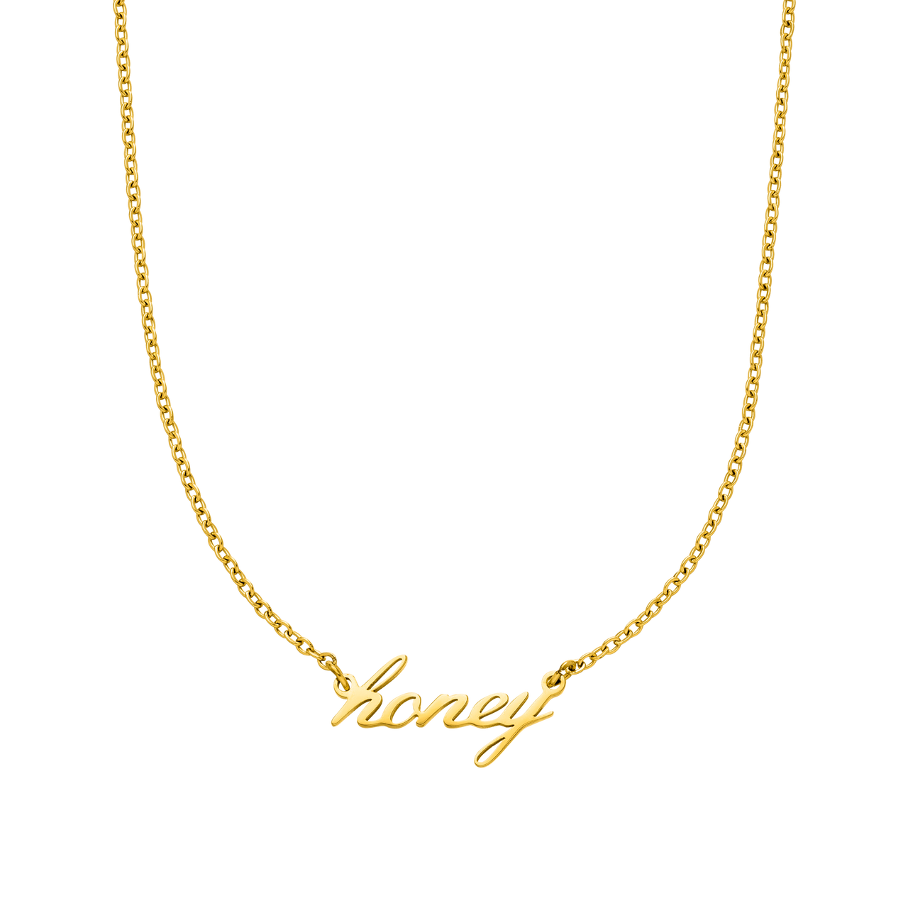 PURELEI Honey Kette aus 18K vergoldetem Edelstahl mit filigranem Schriftzug, elegant und zeitlos.