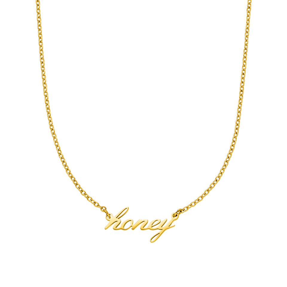 PURELEI Honey Kette aus 18K vergoldetem Edelstahl mit filigranem Schriftzug, elegant und zeitlos.