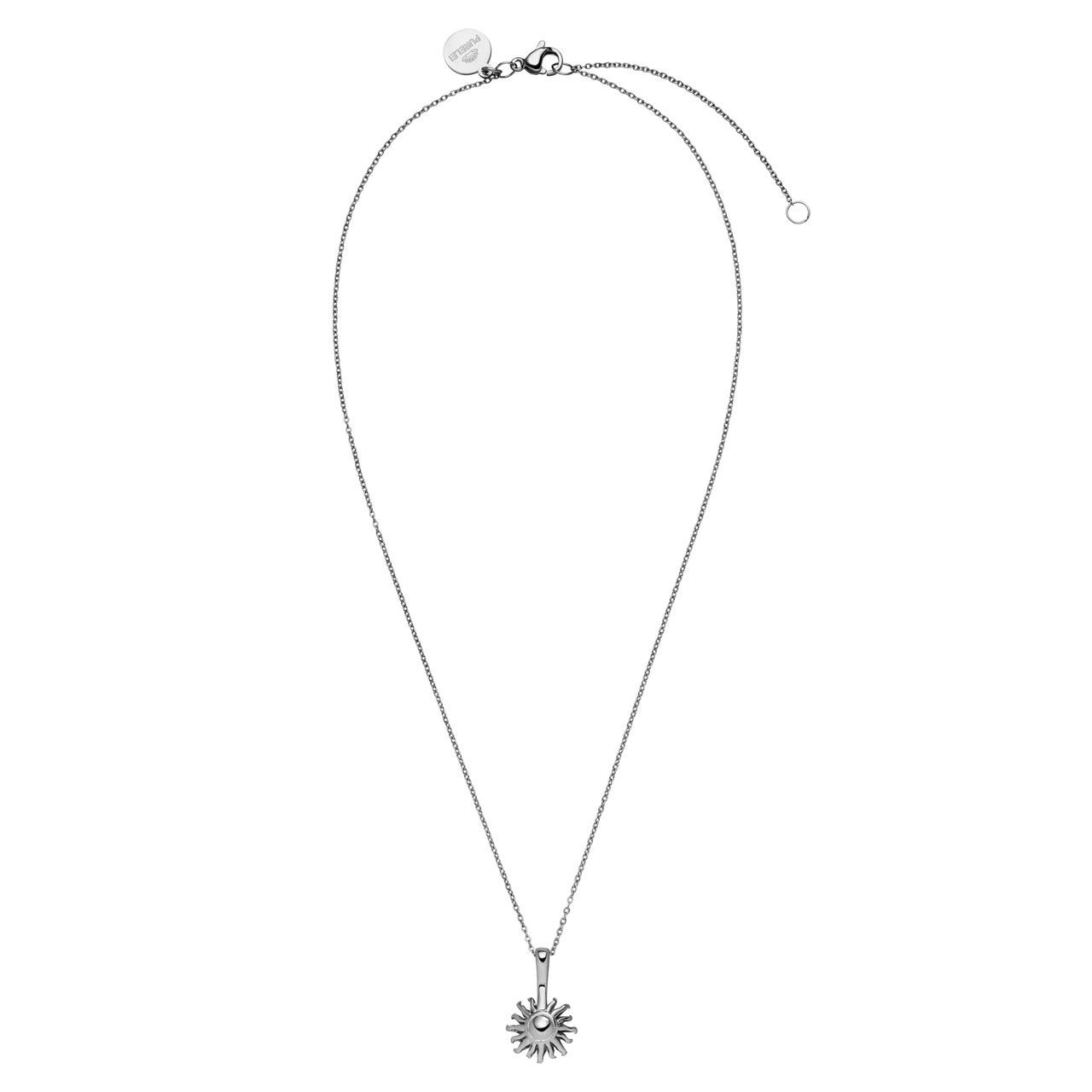 PURELEI Sun Kids Kette aus nickelfreiem, silbernem Edelstahl mit filigranem Sonnenanhänger, elegant und kindgerecht.